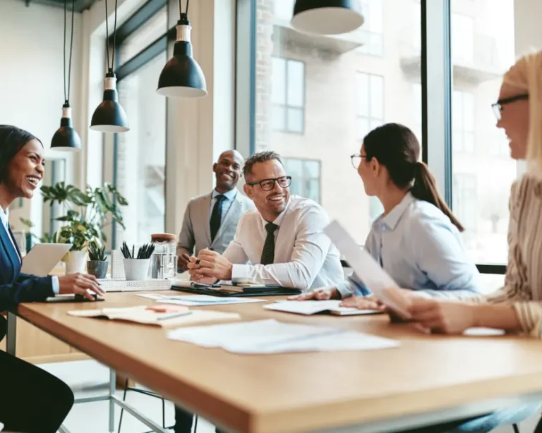 A group of people talking in a corporate environment