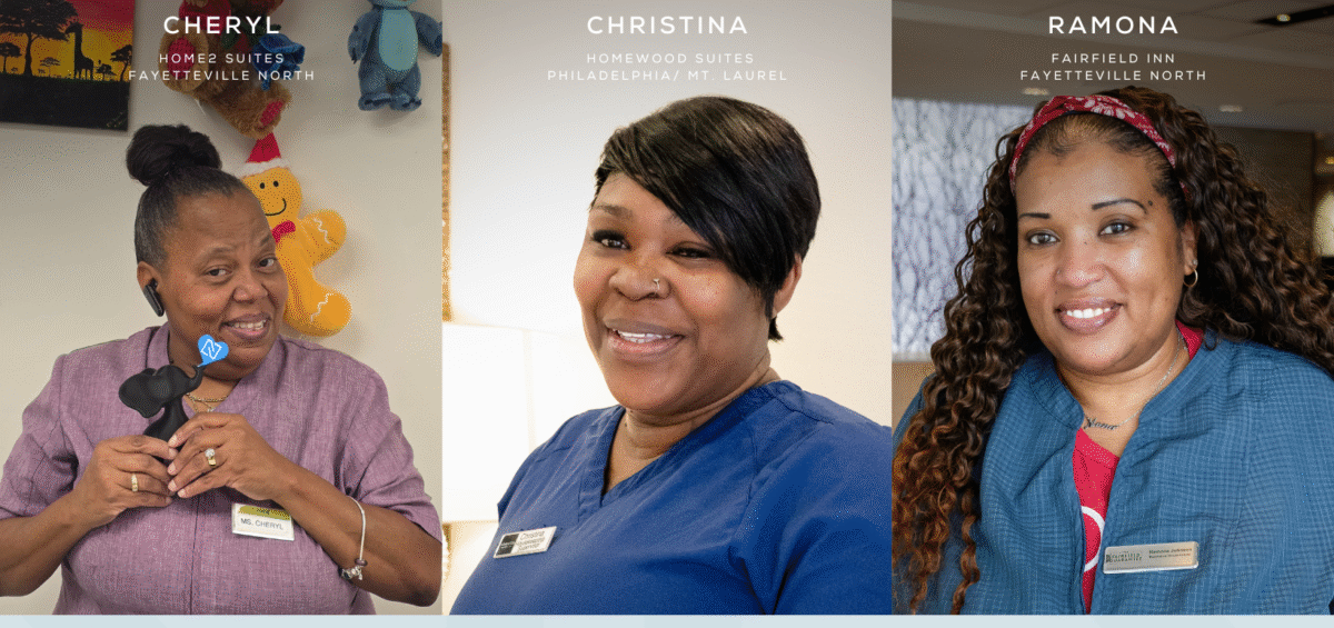 Portraits of Cheryl from Home2 Suites Fayetteville North, Christina from Homewood Suites Philadelphia/Mt. Laurel, and Ramona from Fairfield Inn Fayetteville North, featured in Newport Hospitality Group’s Peer Perspective during Housekeeping Week.